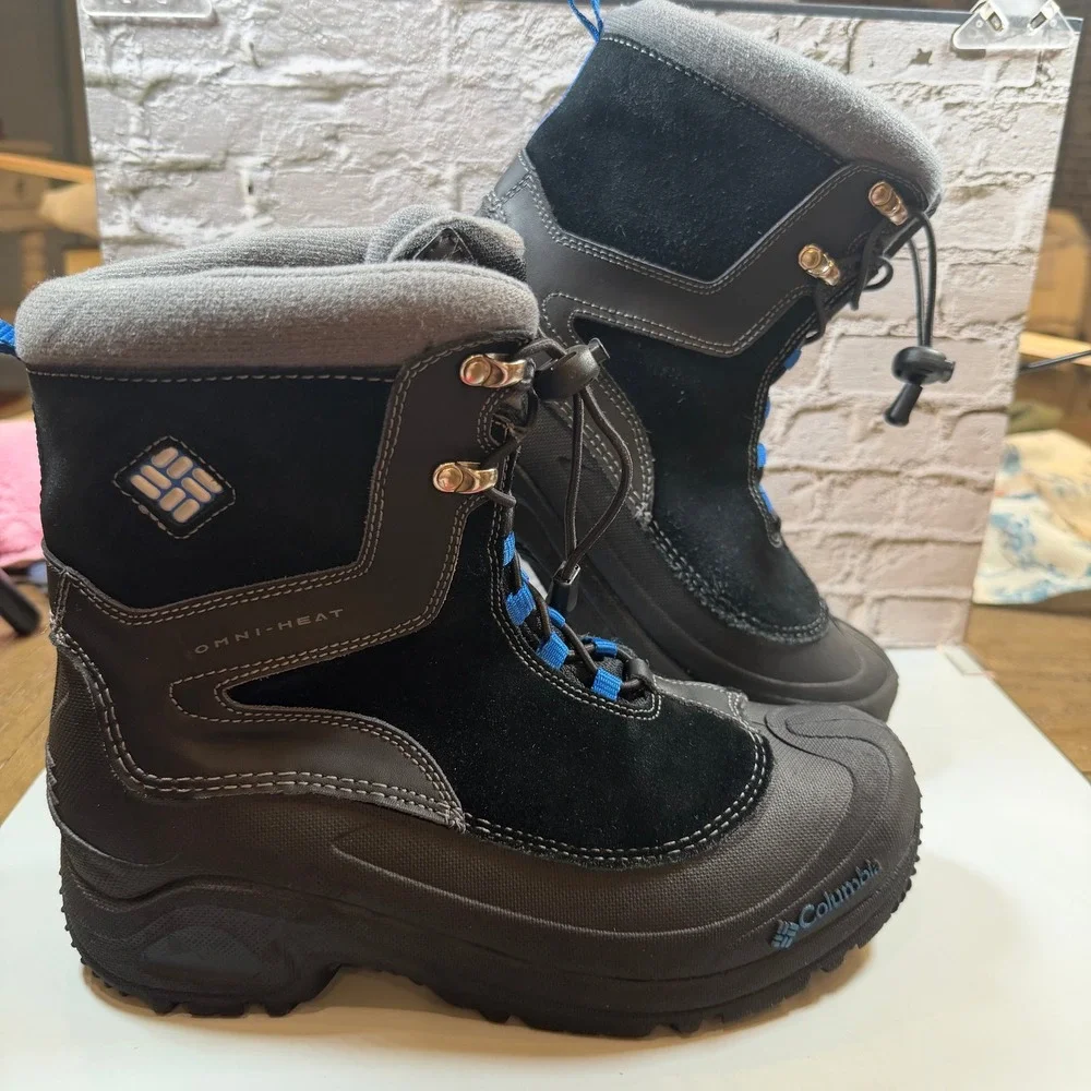 Columbia Bugaboot Omni-Heat Winter Snow Boots Youth 6 Black Blue Waterproof